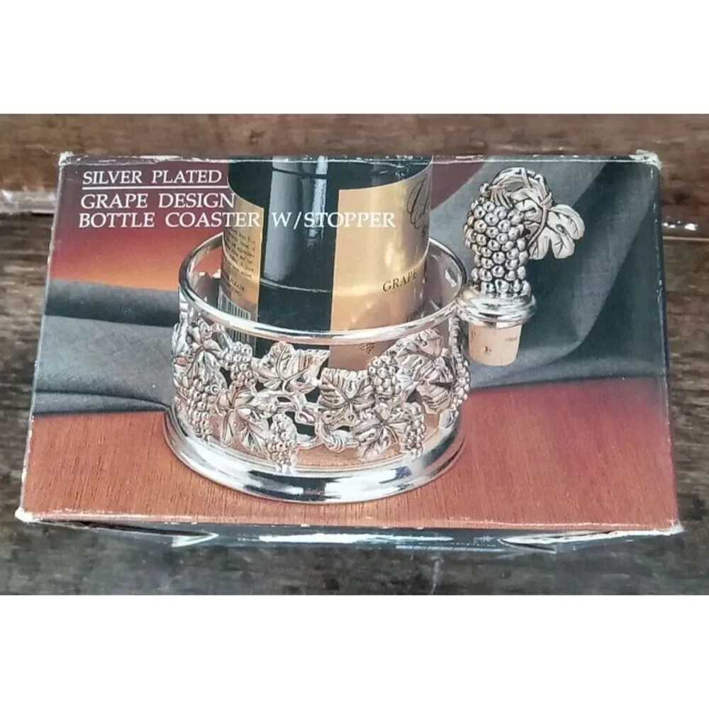 Vintage Paul Revere Silver Plated Bottle Coaster with Stopper Grape Design